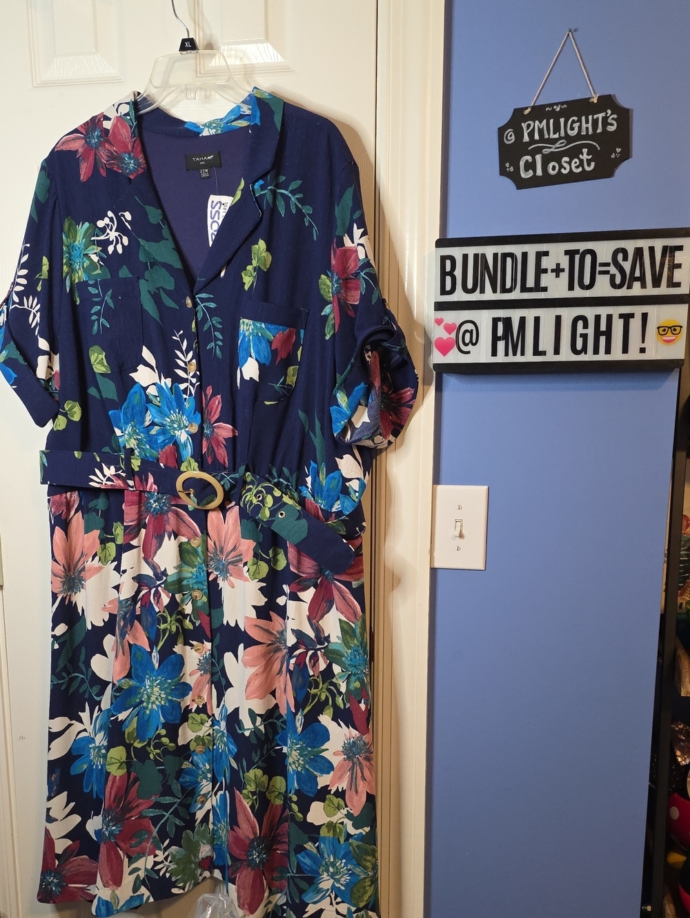 Tahari ASL Navy Floral Belted Shirt Dress New 22W